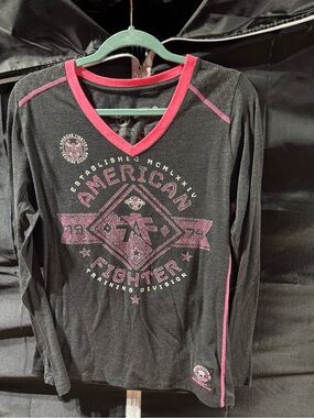 American Fighter Black & Pink Long Sleeve V-Neck Graphic Tee